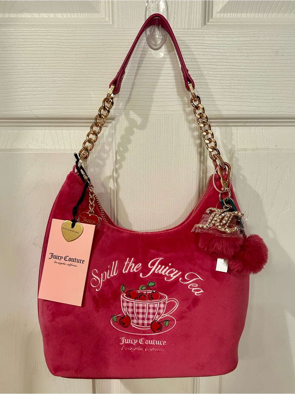 Juicy Couture Hot Pink Velvet 'Spill the Juicy Tea' Shoulder Hobo